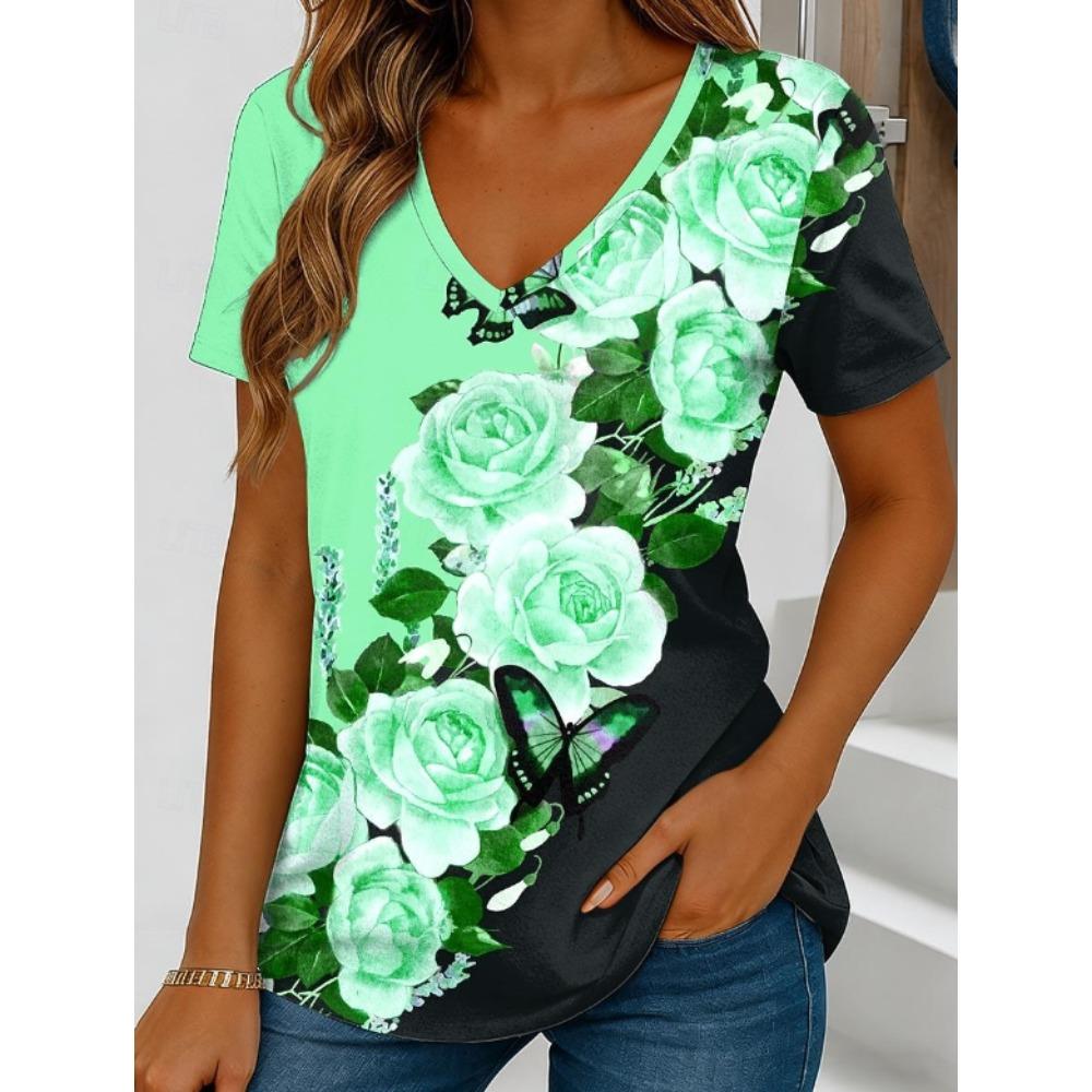 Camiseta de Verano para Mujer Estampado de Flores Retro Manga Corta Camisetas Casuales Tops Estampados
