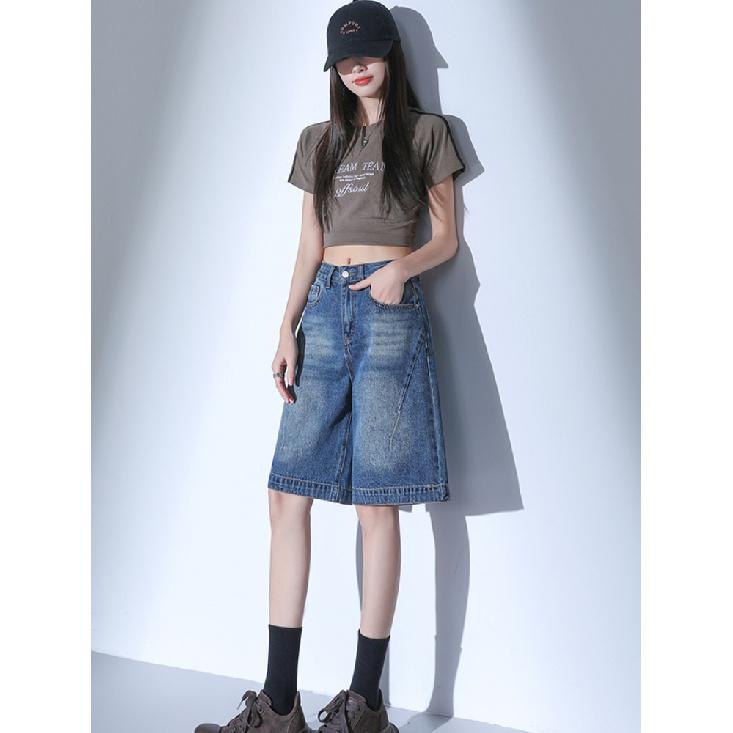 High Waist Black Retro Washed Denim Shorts Women'S Harajuku Vintage Fashion Casual Loose Y2K Streetwear Mid Long  Wide Leg Pants