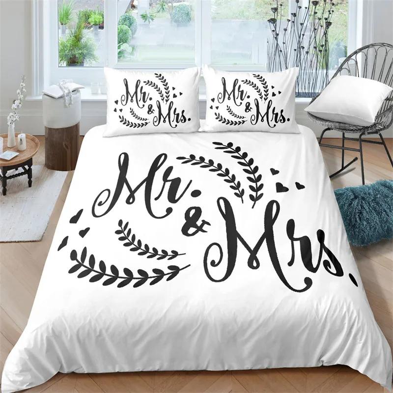 Housse de couette noir et blanc Taille Queen/King/Full Ensemble de literie Mr et Mrs 3 pièces Microfibre douce Housse de couette romantique pour couple EU King(240x220cm)