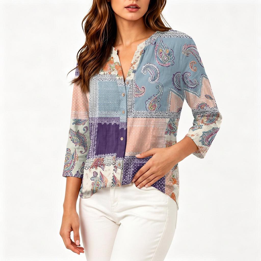 Women's Vintage Floral Print Patchwork Henley Collar Button Down 3/4 Sleeve Cotton Linen Shirt Casual Loose Fit Blouse