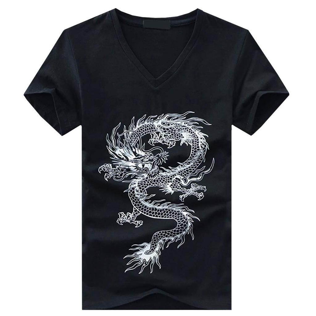 BUZZxSELECTION Short Sleeve Dragon with Japanese Tattoo BSTS031 Men's V-Neck T-Shirt Design, (02 Black, 5XL)