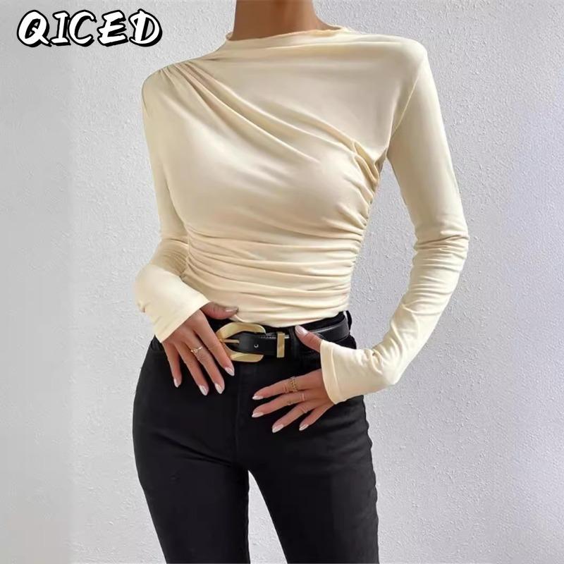 QICED Women's Fashion Casual Solid Color Print Long Sleeve O-Neck Blouses & Shirts
