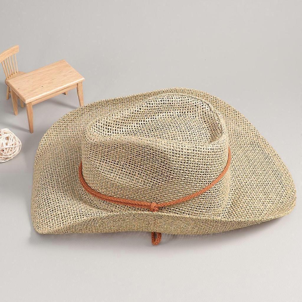 Outdoor Cowboy Strawhat Wide Brim Sun Hat with Wind Lanyard Breathable Casual Beach Hat (Khaki)