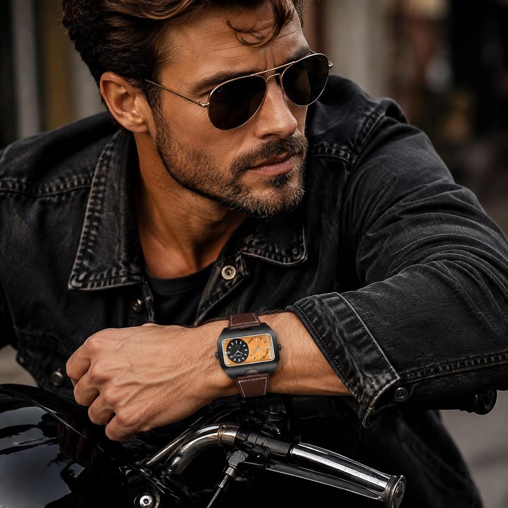 Square Men's Watch, Dual Time, Leather Strap: Waterproof, Calendar, Large Dial, Square Shape