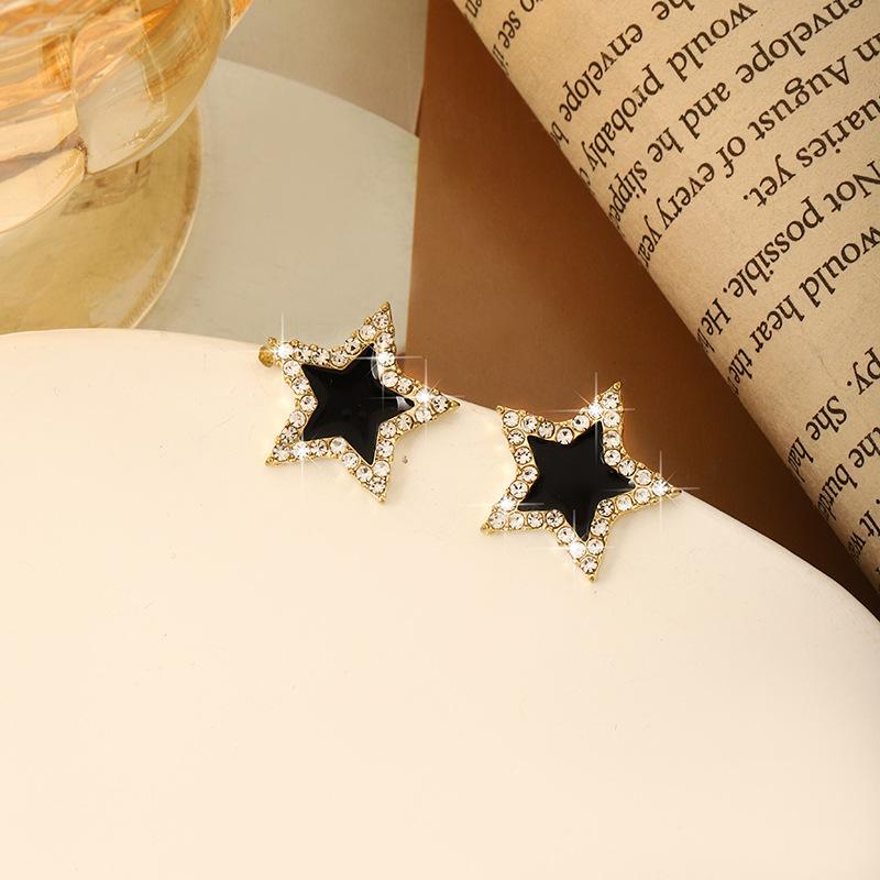 

Cute Five-pointed Star Earrings for Women Black Enamel Oil Crystal Double Color Earrings Party Classic Sweet Zircon