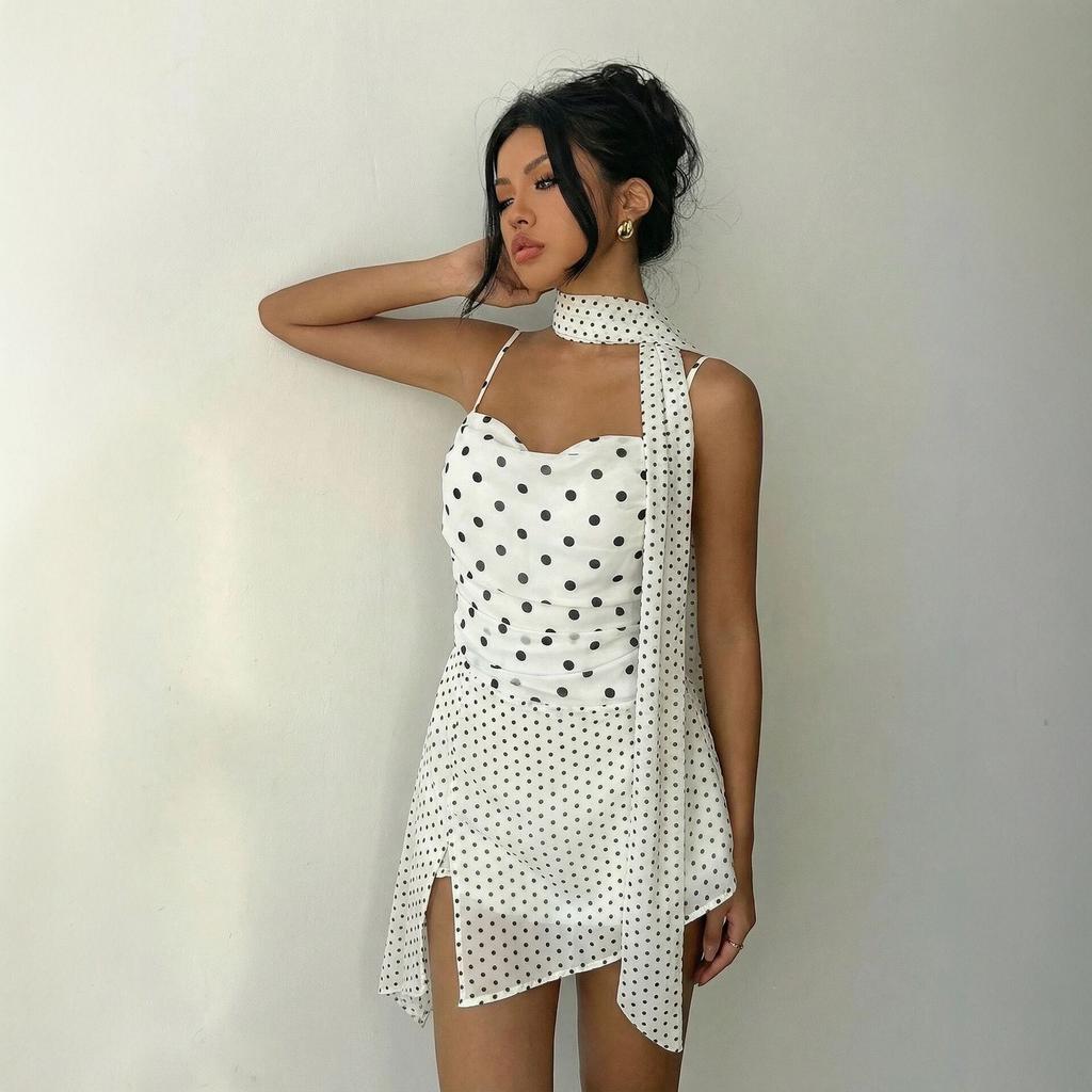 European and American new summer polka dot suspender dress women's clothing neck halter short skirt French sexy skirt women