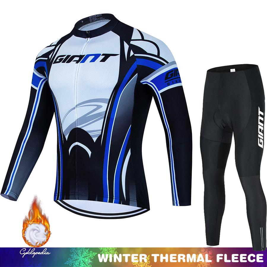 Retro Radtrikot Winter Fleece GIANT Fahrradkleidung Thermosuit Mann Herren Träger Sportbekleidung Set Outfit Termal Rennrad Räder
