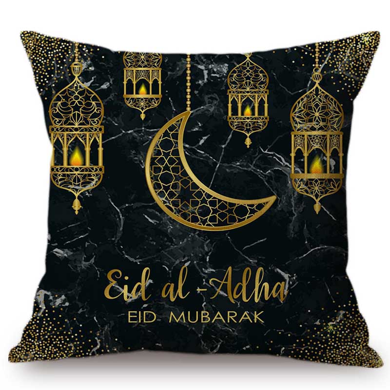 Muslim Arabic Eid Al Adha Mubark Decorative Pillow Case Black Marble Blue Brown Islamic Lantern Ornamental Design Cushion Cover