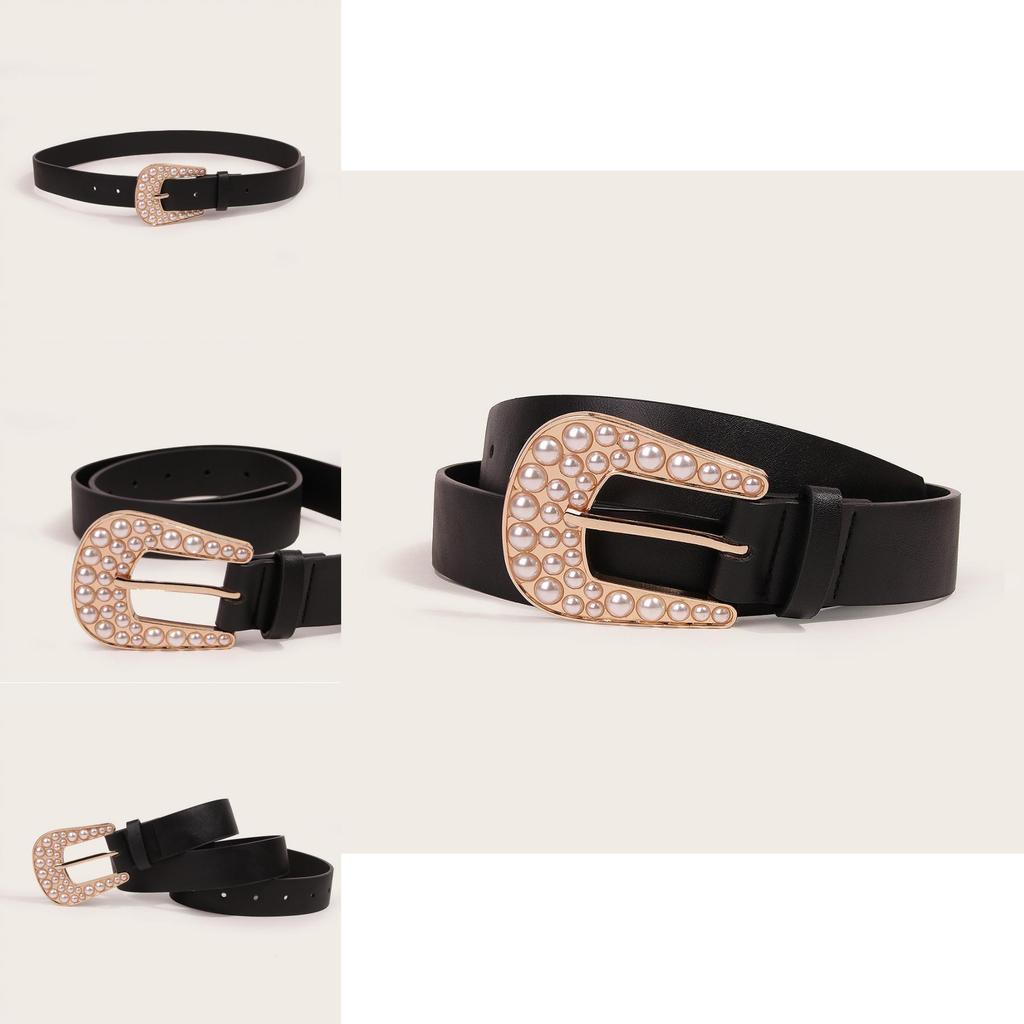 Classic Fashion Casual Leather Belt For Women With Pearl Decor For Spring