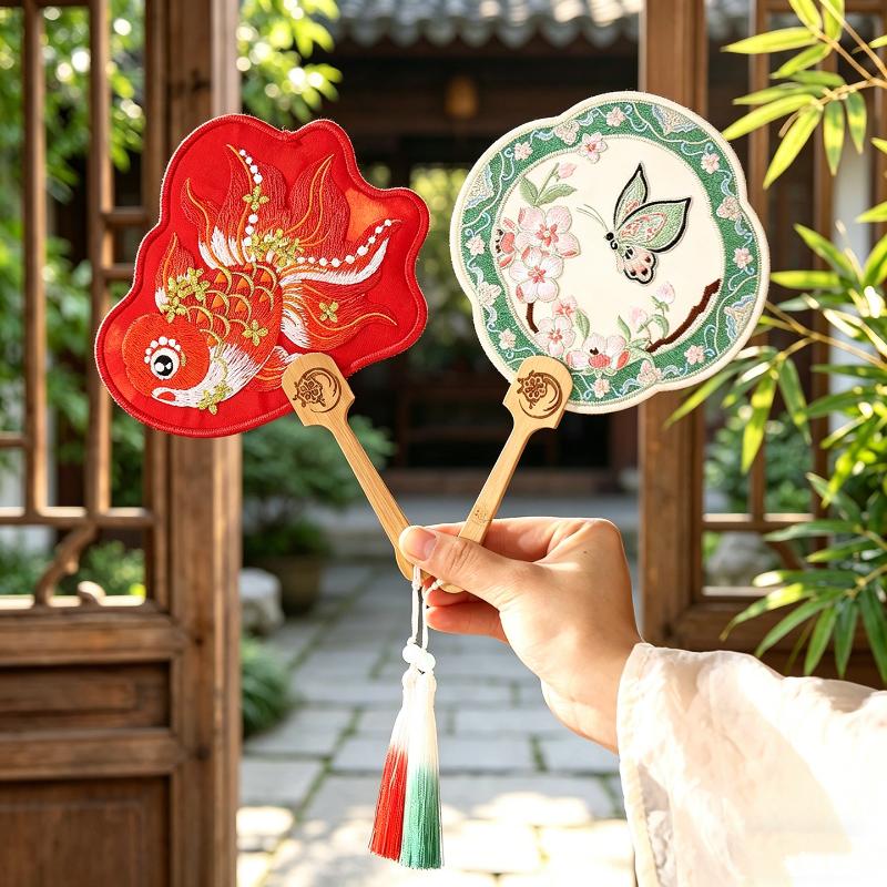Ancient Handheld Flora Embroidered Fan with Pendant Floral Shaped Chinese Style Fan Butterfly Tassels Group Fan Photography Prop