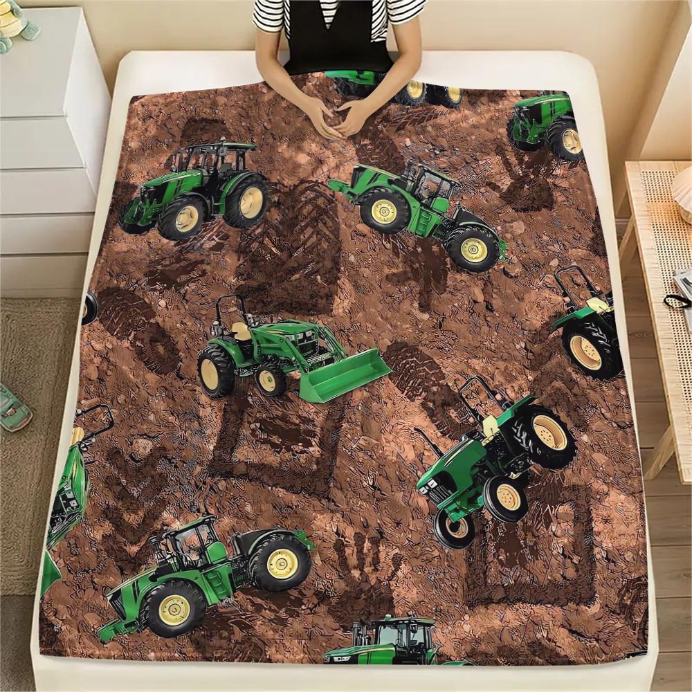 1Pc John Green Tractor Print Flannel Blanket, High Quality Comfortable for All Seasons, Home Decor, Warmth and Comfort, Perfect for Christmas Gifts