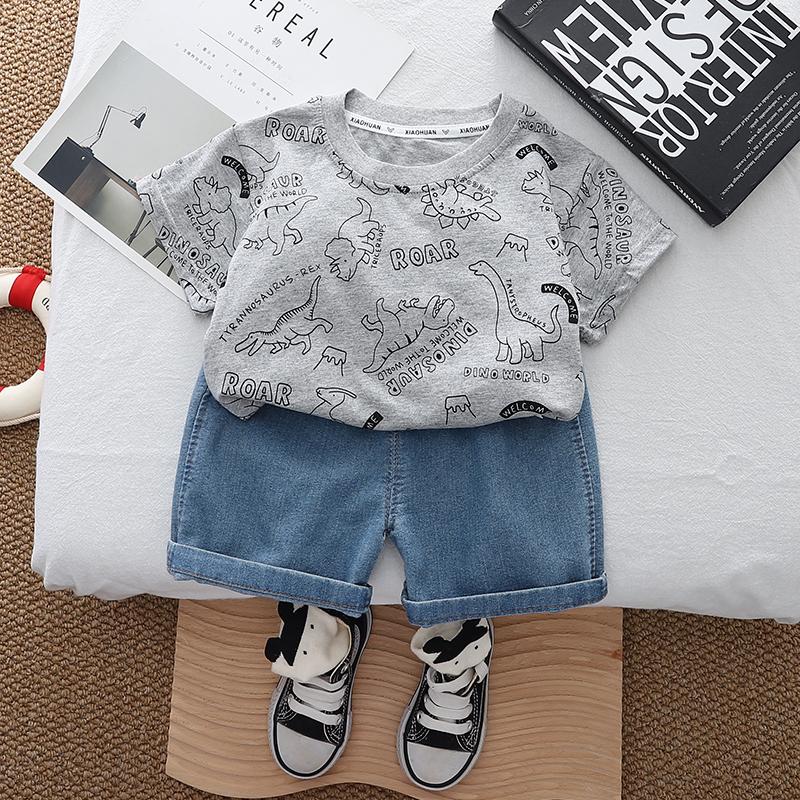 Boys' 2-Piece Cotton Set - Cartoon Dinosaur Short Sleeved T-shirt + Denim Shorts High - Quality Casual Outfit-6M-5Y