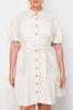  Women's Plus Size Dress Beige Linen Look Belted Buttoned Shirt Dress