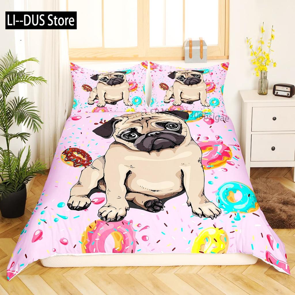 Pug Duvet Cover Set Puppy Lying Around Pet Decorative 3 Piece Bedding Set with 2 Pillow Shams Queen Size Pale Brown Black