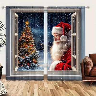 2pcs Santa Claus Snow View Window Printed Curtain for Home Decor - Rod Pocket Window Treatment for Bedroom, Office, Kitchen