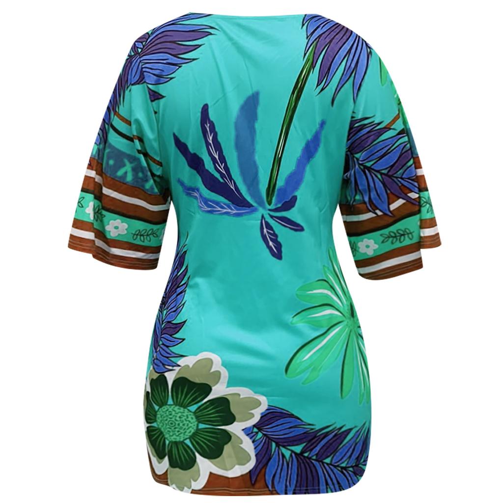 Women Boho Dress Short Sleeve Floral Printed Round Neck Casual Dress