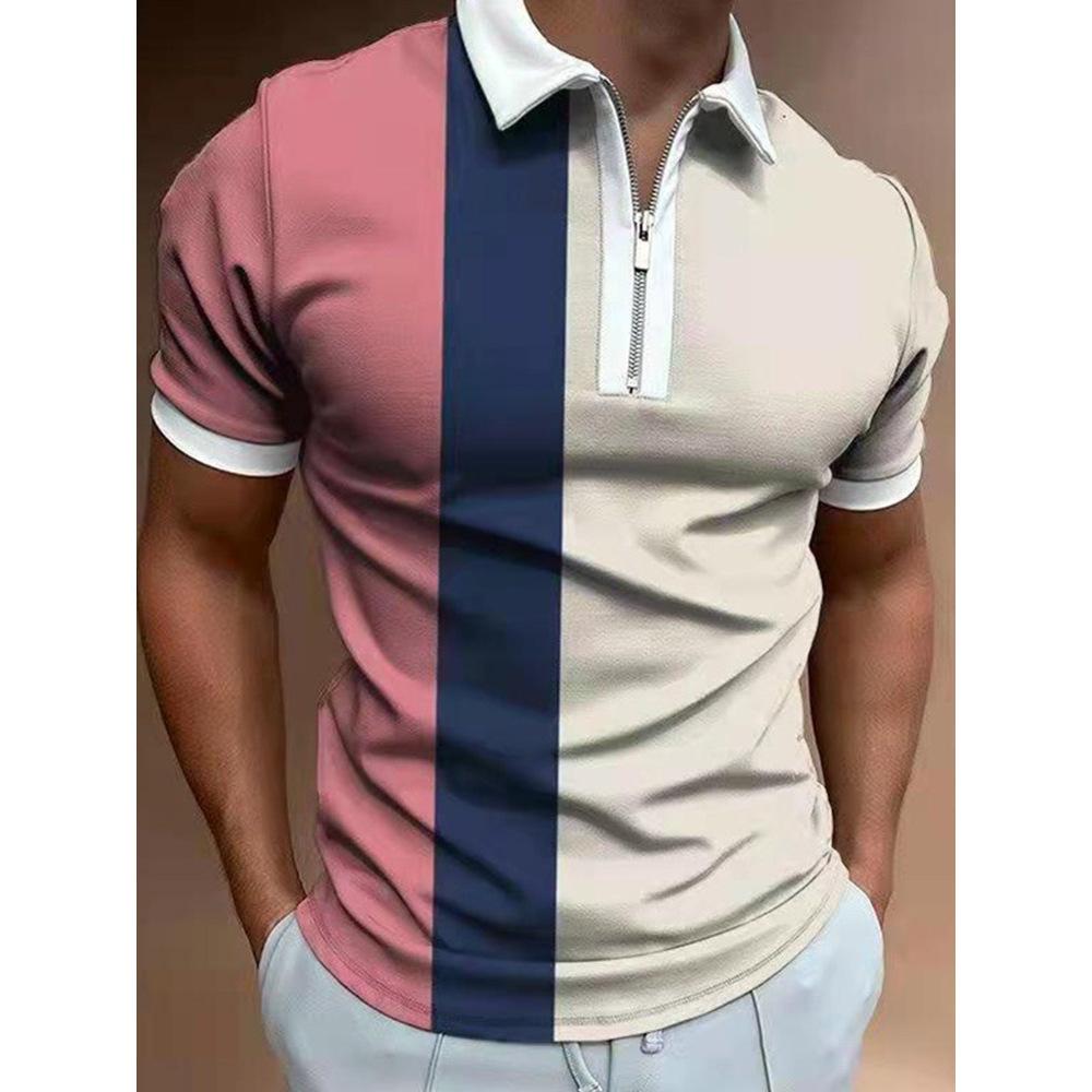 Trendy Short-sleeve Polo Shirt with Half-zip and Vertical Stripes, Great for Casual Wear.