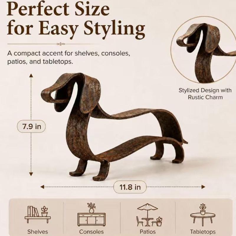 Open-Frame Wiener Dog Sculpture In Metal with a Mottled Aged-Look Finish for Indoor Cabinets, Shelves, and Desktops