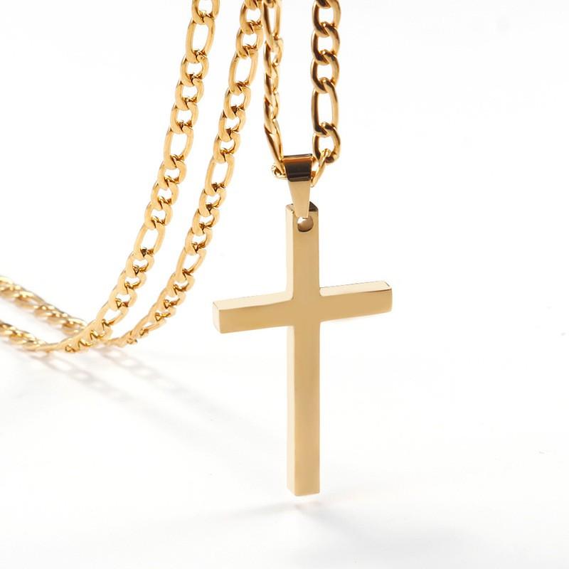 Edelstahl Kreuz Anhänger Halskette Herren Damen Vergoldete Titan Kette 5mm Breite 31-40cm Verstellbare Länge