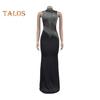Lady Evening Dress Rhinestone Decor Mesh Patchwork Sleeveless Skinny Round Neck Wedding Party Maxi Dress for Prom Club Formal Banquet
