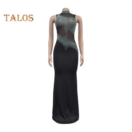 Lady Evening Dress Rhinestone Decor Mesh Patchwork Sleeveless Skinny Round Neck Wedding Party Maxi Dress for Prom Club Formal Banquet