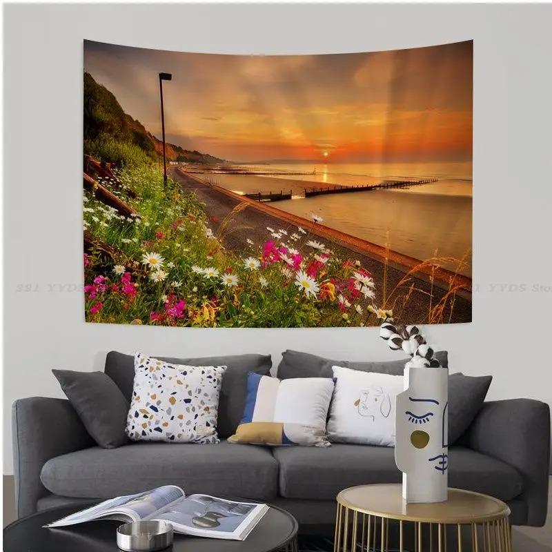Büro Wohnzimmer Wandteppich Landschaft Strand Sonnenuntergang Cartoon Wandteppich Home Wanddekoration Wandteppich