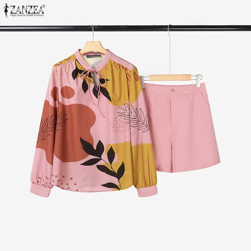 ZANZEA Women Long Sleeve Print Blouse and Shorts Casual Two Piece Suit Sets