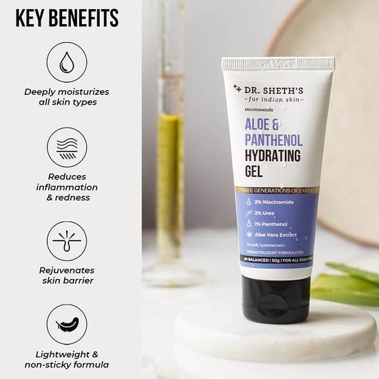 Dr. Sheth's Aloe & Panthenol Hydrating Gel | Deepl Moisturization & Hydration | Niacinamide, Prebiotics | Reduces Inflammation & Redness, Unisex | 50g