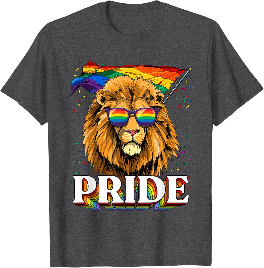Lion Pride LGBT Rainbow Flag Sunglasses Graphic Tee Casual Cotton T-Shirt for Men