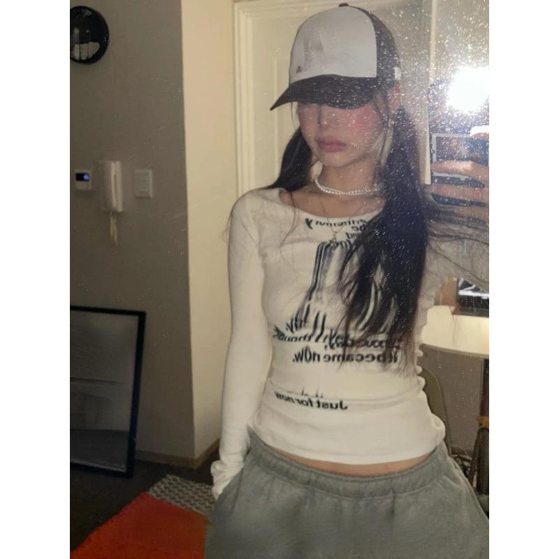Graffiti list drukuj T koszula kobiety wąskie krótkie bluzki z długim rękawem Y2k estetyczne koszulki Grunge Streetwear koszulki Harajuku