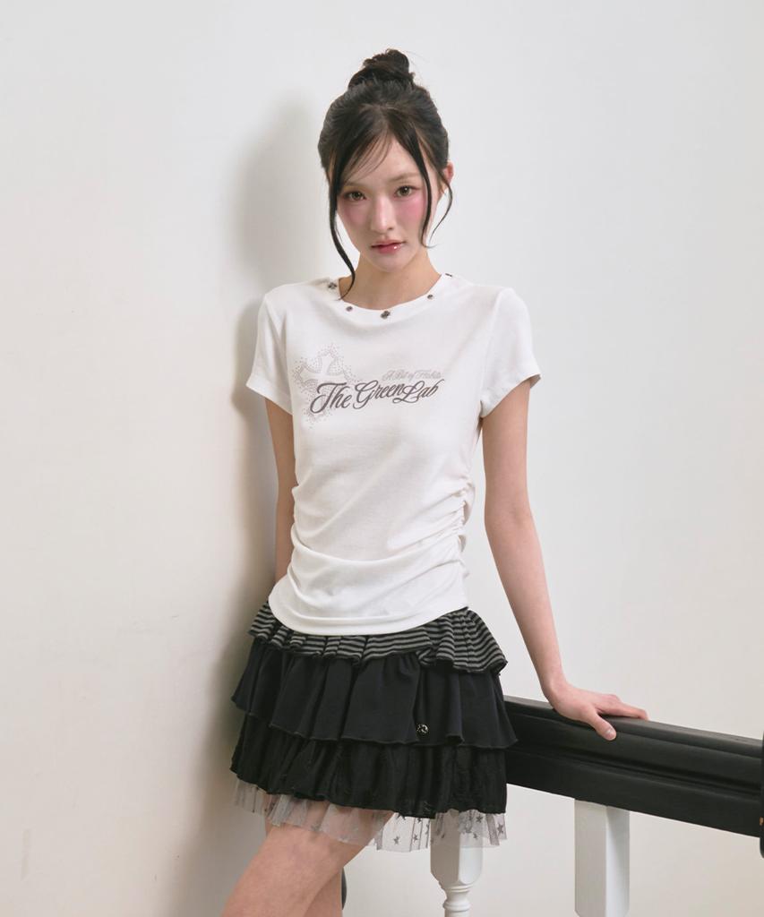 The Green Lab Star Chiffon St Tiered Mini Skirt [Black]