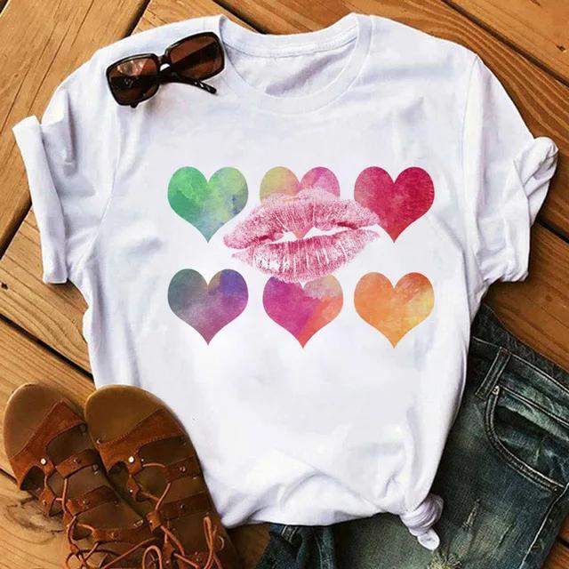 LOVE Red Lips Pink Heart Print T Shirt Women Romantic Slogan Graphic Short Sleeve Valentine Casual Summer Tee