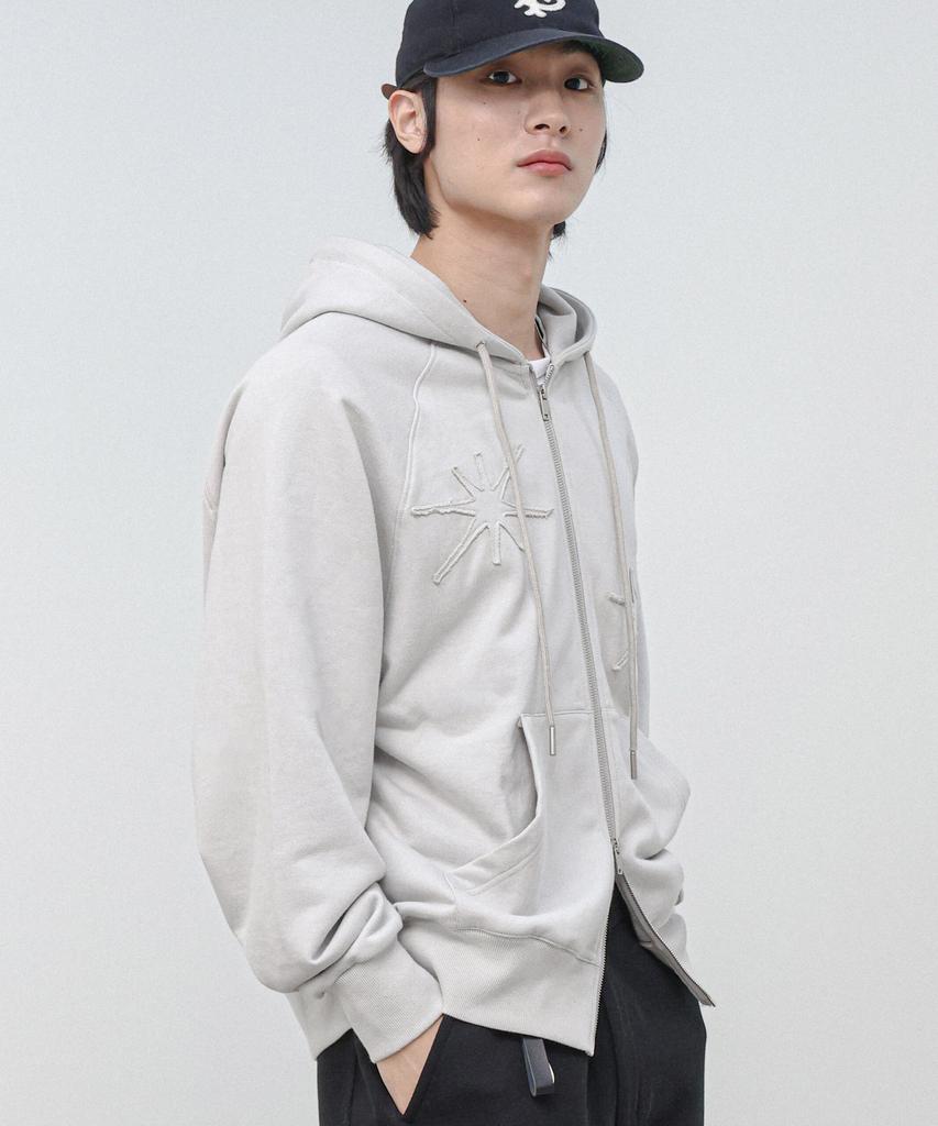 Moderment Applique Washed Oversized Zip-Up Hoodie [Dusty Grey]