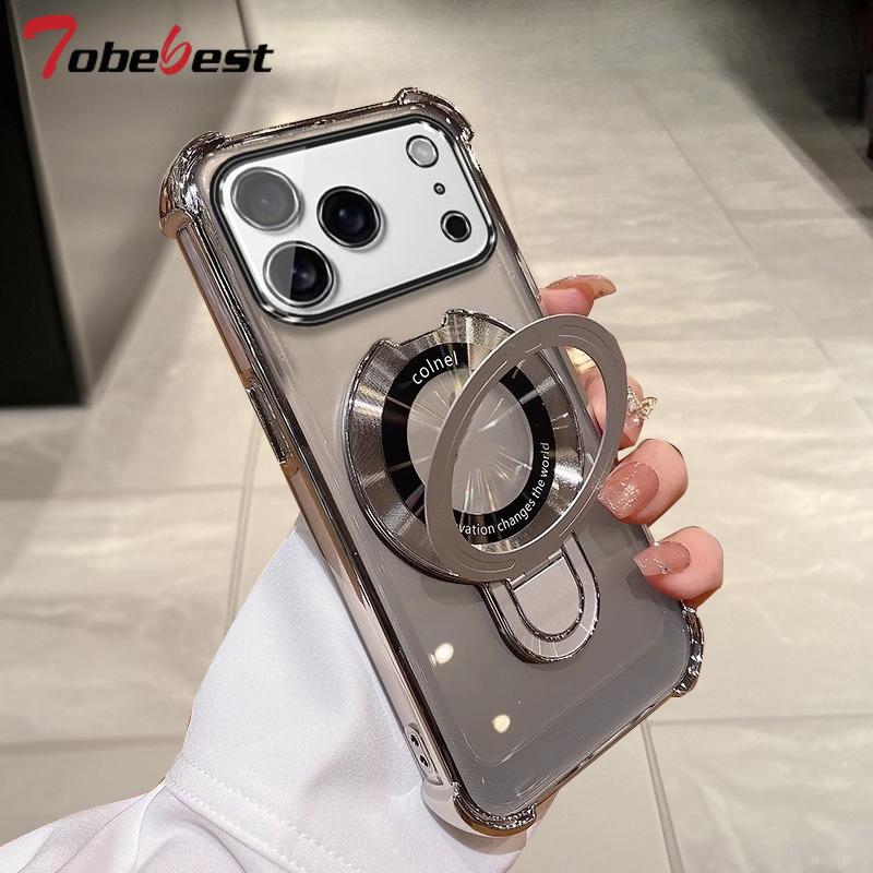 Clear Shockproof Plating Magnetic Magsafe Bracket Case For Iphone 17 Air 16 16E 15 14 Plus13 12 11 Pro XS Max XR Silicone Cover