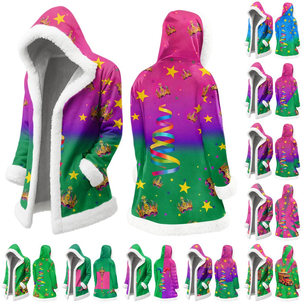 Unisex Casual And Fashionable Plush Collar Hooded Long Sleeved Carnival Print Jacket