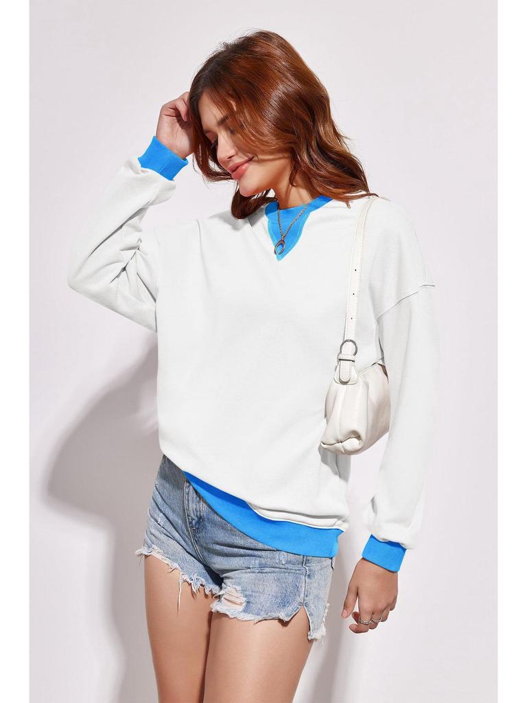 2025 Spring European American Style Color Block Long Sleeve Pullover Hoodie with Embroidered Collar