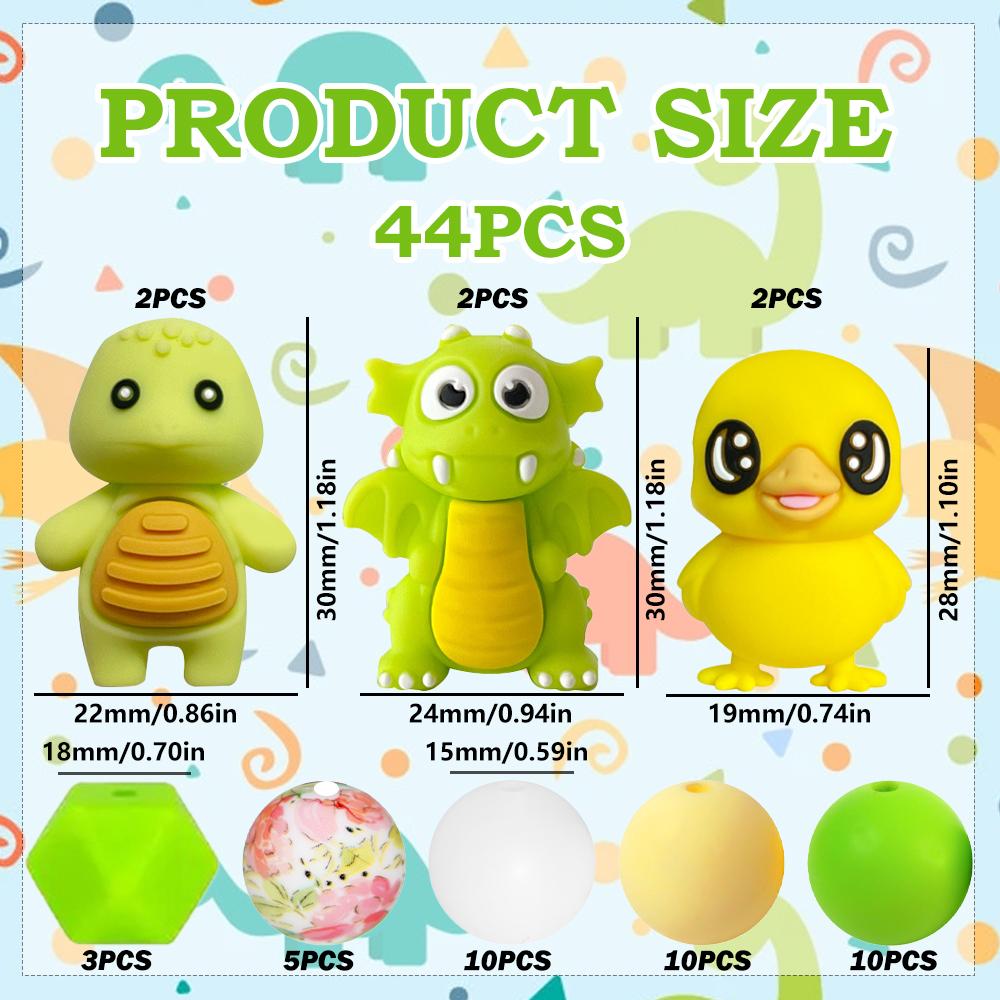 

44PCS Turtle Dinosaur Duck Silicone Bead Set, perfect for DIY handmade crafts such as keychains, necklaces, bracelets, etc