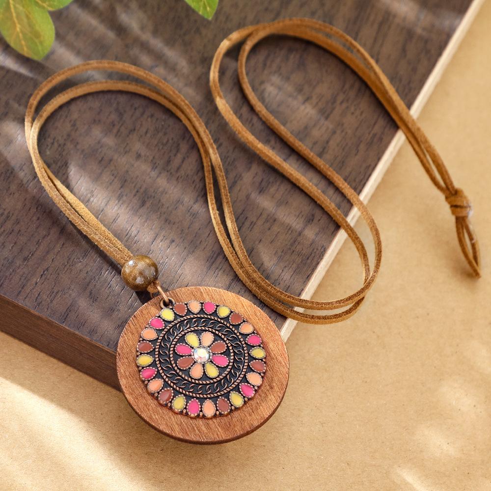 Bohemian Runder Holzscheiben-Anhänger Halsketten für Damen Ethnisch Bunt Öl-Tropfen Vintage Lederseil Halskette Damen Schmuck