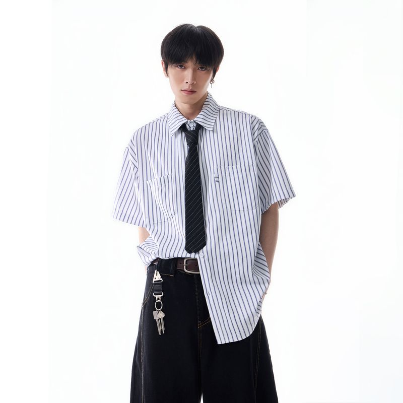 Dream Made American Retro Style Striped Casual Short-Sleeved Shirt for Men, Summer High-End Trendy Brand Shirt