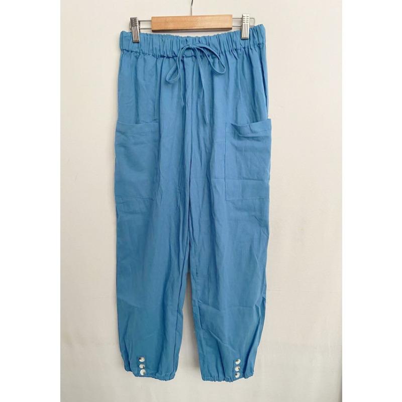 Casual Cotton and Linen Plus Size Pants Women Spring Summer Loose High Waisted Buttons Wide Leg Cropped Pants Pockets Drawstring Trousers 1009