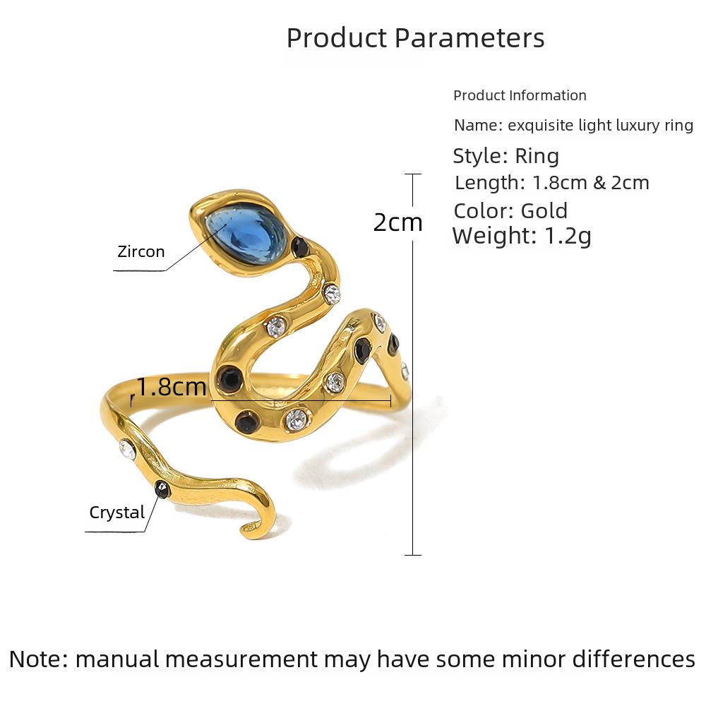 18K Gold Plated French Blue Zircon Snake Ring, Non-Fading Titanium Steel, Adjustable Design