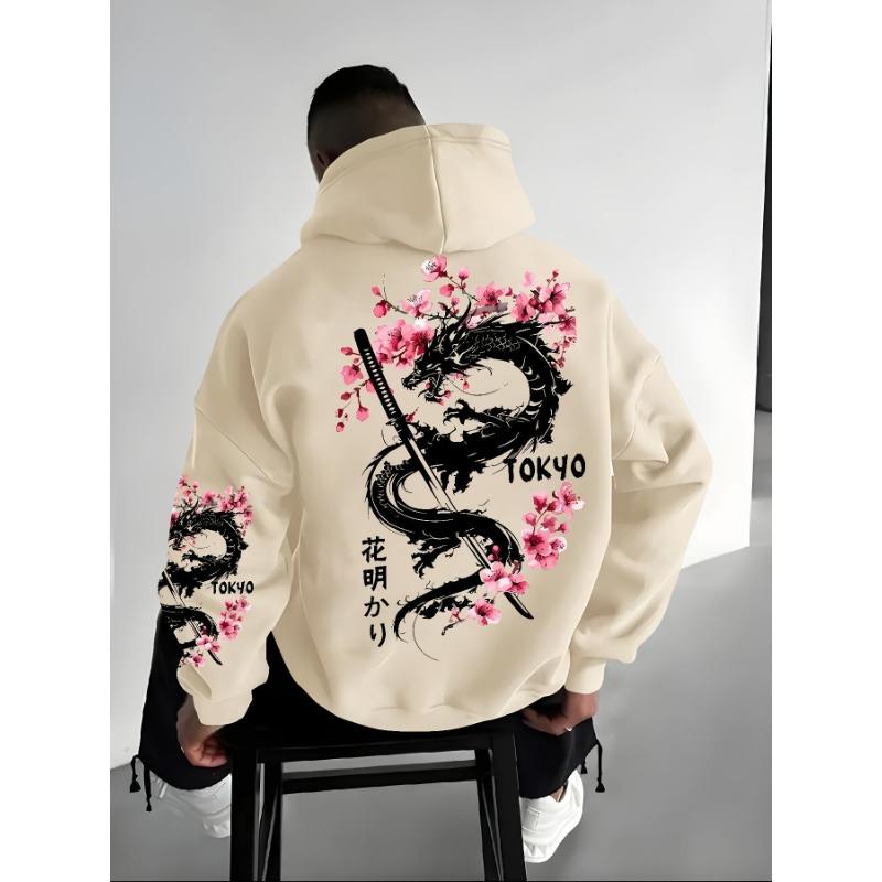 Men's Anime-style Dragon-patterned Cherry Blossom Print Hooded Pullover for Winter Warmth, Loose and Casual Style