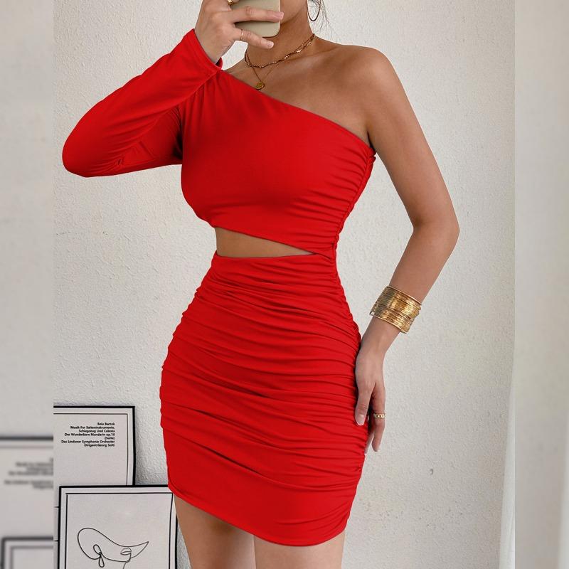 2026 Neue Damen Herbstmode Heißes Mädchen Schrägschulter Ausgeschnitten Schlank Sitzend Hüftbedeckend Sexy Kleid