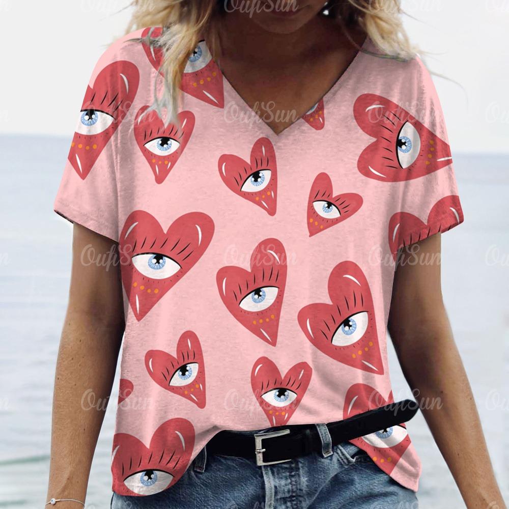 Summer Women Funny 3d Eyes Printed T-Shirt Sexy Anime Cartoon Funny V-Neck Fashion Short Sleeve Shirt Ladies Slim Plus Size Top