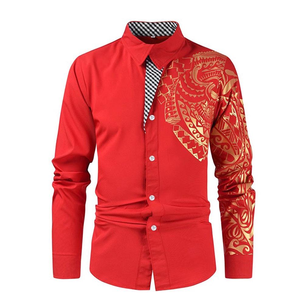 

Мужские деловые рубашки Мужская классическая рубашка Повседневная уличная одежда Черная золотая печать Рубашка с принтом Дизайн отложной воротник Мужские топы XXXL красный