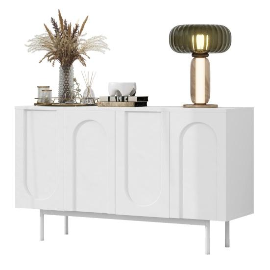 Modern Minimalist Pure White Sideboard with 4 Doors in Arched Pattern for Dining Room And Living Room (White)