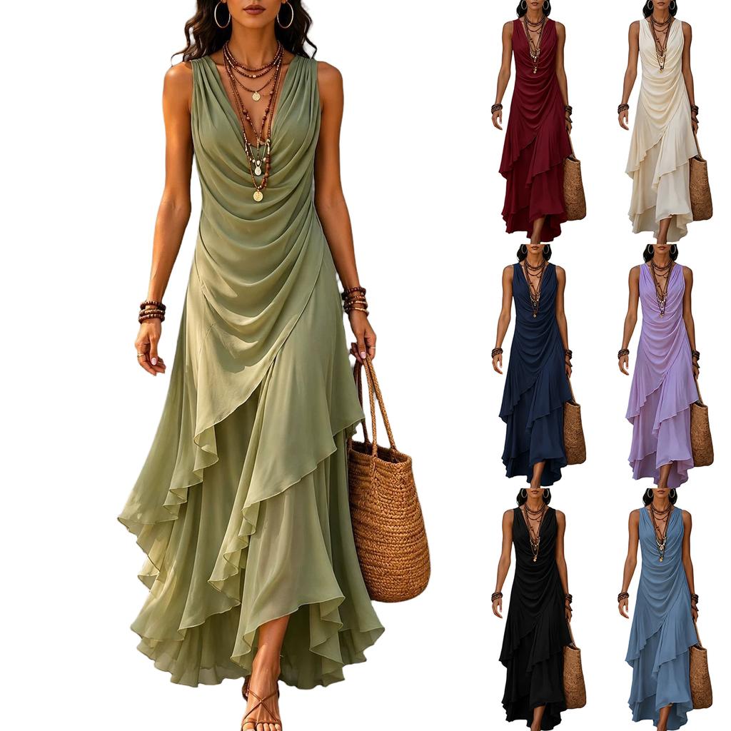 Maxi Abito da Donna Senza Maniche Scollo a V in Chiffon con Fondo Arricciato per Vacanza al Mare