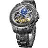 FORSINING Men's Retro Skeleton Watch Engraved Automatic Tourbillon Moon Phase Independent Seconds Large Dial Silver