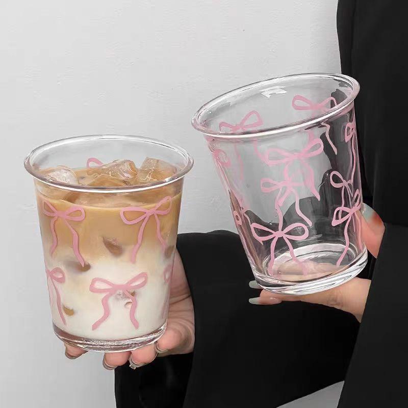 Girl Glass Coffee Cup Cute Flip Bow High Beauty Water Cup Breakfast Glass Cup Milk Portable Birthday Gift Coffee Mug