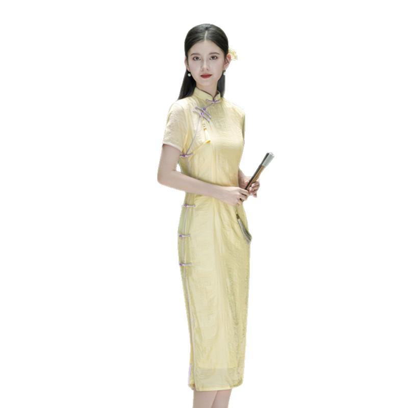 Bright yellow white cheongsam girl young early autumn new Chinese style improved slim and thin cheongsam skirt